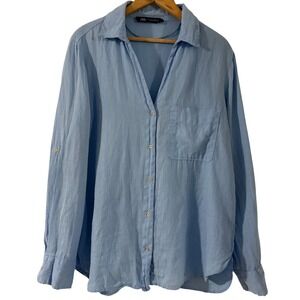 Zara Womens Blue 100%Linen Button Down Shirt Roll Tab Sleeve L Made in Morocco
